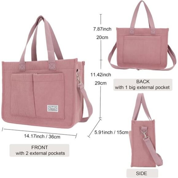 Tote Bag with Pockets, Pink - Picture 2 of 4
